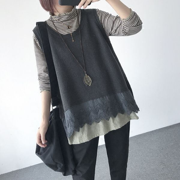 

fy001 spring and autumn new loose large size outside wearing a long hollow vest vest with a knit, Black;white