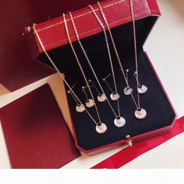 

luxury classic designer s925 sterling silver white ceramic amulet round pendant necklace and drop earrings for women jewelry
