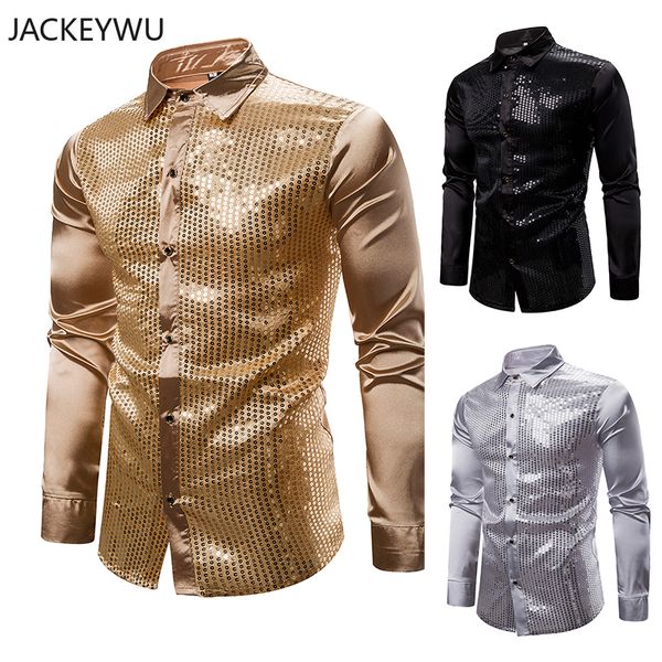 

shiny gold sequin silk dress shirt men long sleeve shiny disco party casual shirts male nightclub party prom hip hop streetwear, White;black