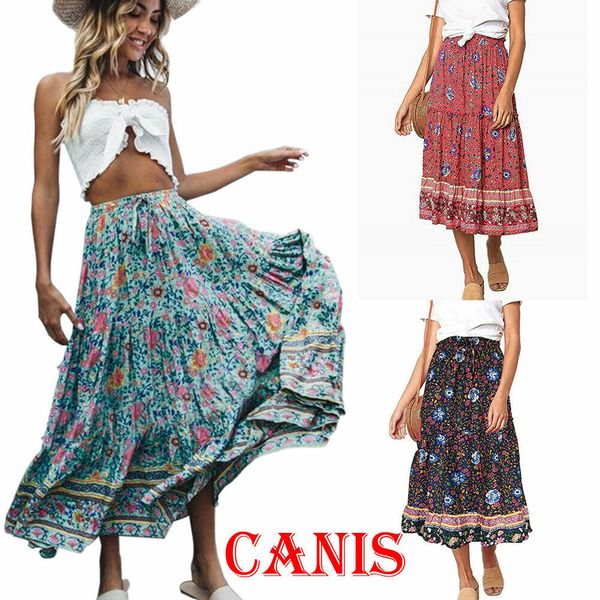 

womens high wasited bohemian skirts ladis retro gypsy long maxi full skirt summer beach sundress floral print skirt streetwear, Black