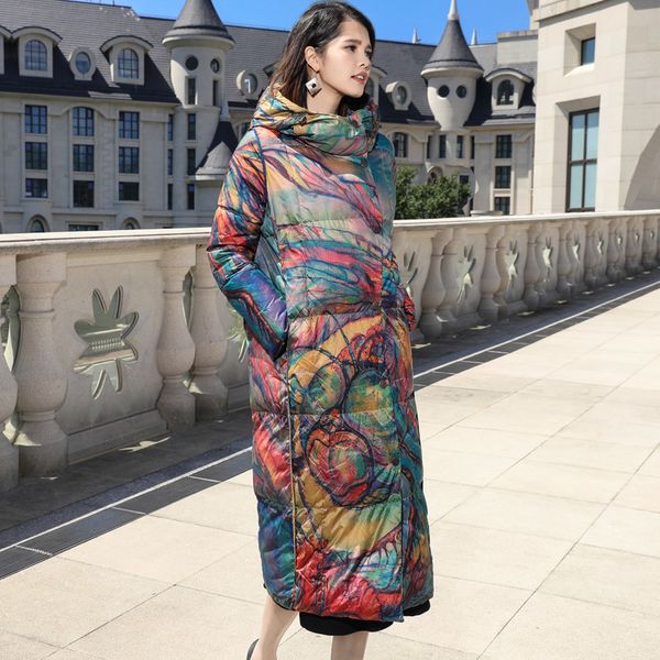 

winter female coat 2020 warm long parka mixed printted hoody 90% duck down jacket women overcoat chaqueta mujer lx2435, Black