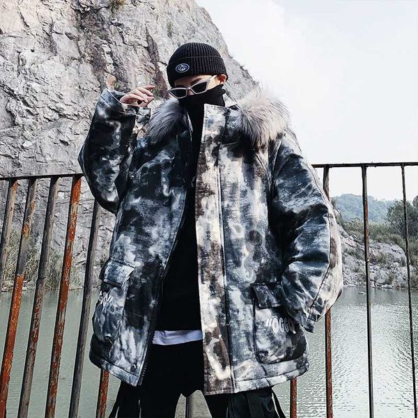 

men's down & parkas camo winter jacket thick men streetwear hooded parka fur coat 2021 man harajuku japanese black puffer plus size
