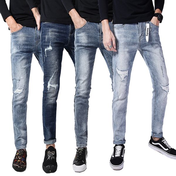 

men's jeans mens fashion straight slim fit biker pants skinny denim washed hiphop trousers asian size, Blue