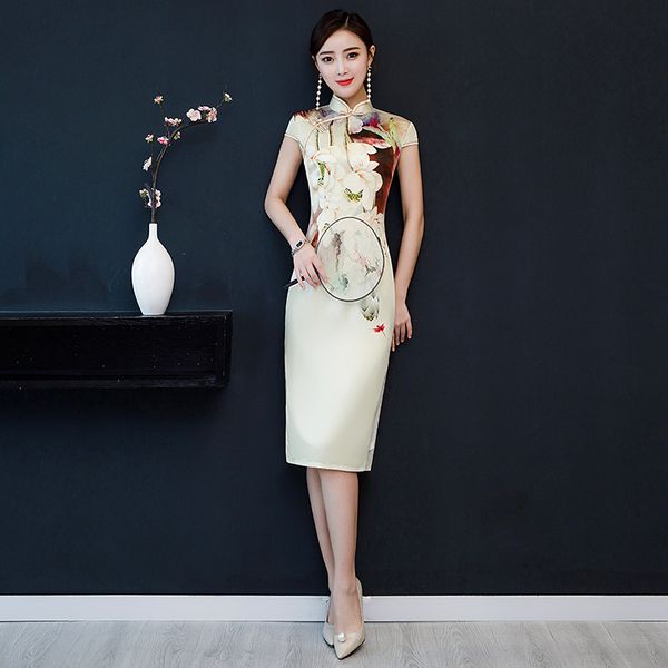 

beige print flower cheongsam elegant women' s handmade button dress short sleeve knee length short dress plus size -5xl, Red