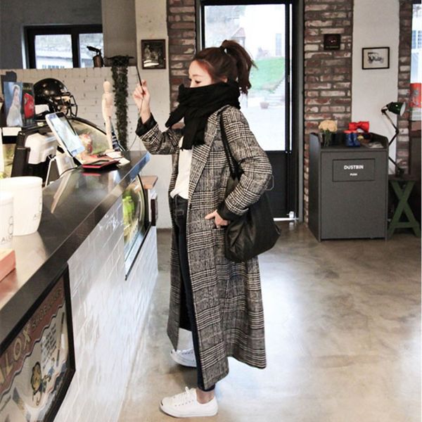 

2019 new autumn and winter retro fashion temperament plaid woolen coat slim loose casual plaid wool coat, Black
