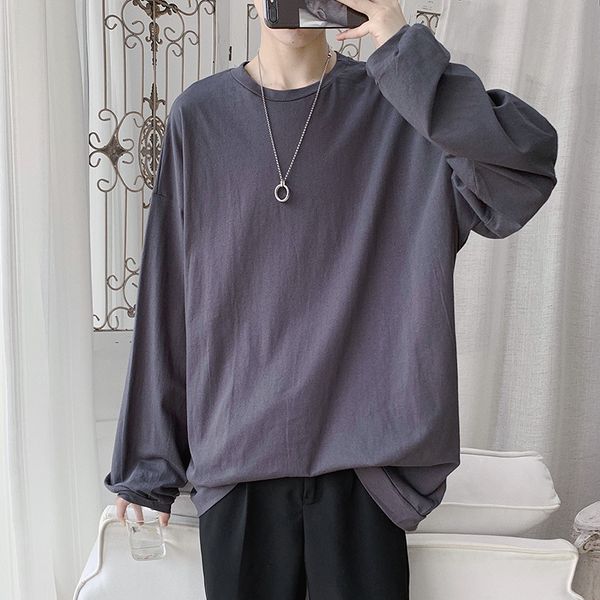 

men's t-shirt 2019 autumn and winter new solid color long-sleeved t-shirt loose wild bottoming shirt youth trend men's clothing, Black