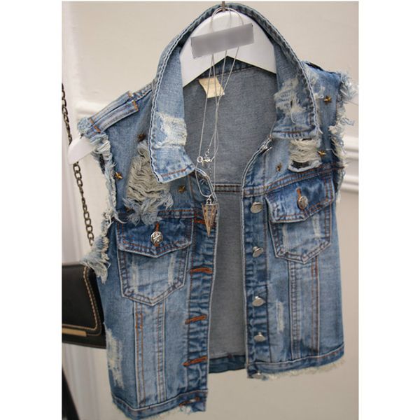 

2019 fashion rivet hole denim vests women sequined ripped frayed vintage jacket single breasted sleeveless jeans colete feminino, Black;white