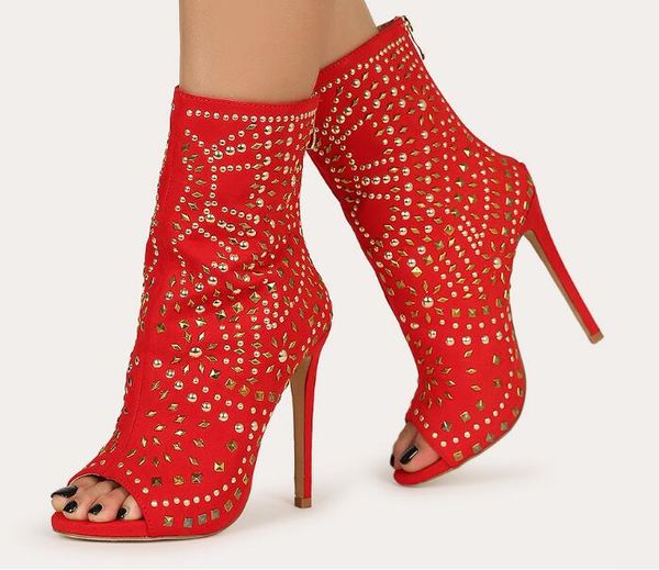 

moraima snc rivets stud embellished peep toe stiletto booties open toe red suede high heel shoes ankle boots, Black