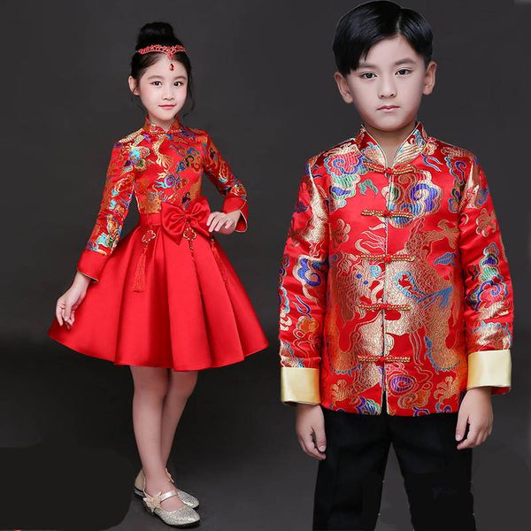 

kid china dress of the tang dynasty chinese traditional garments costume pants for children boy girl clothing red white blue, Black;red