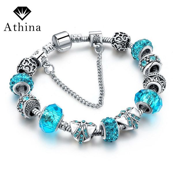 

athina new fashion blue crystal charms bracelets for women silver color bracelets & bangles pulsera diy jewelry sbr160291