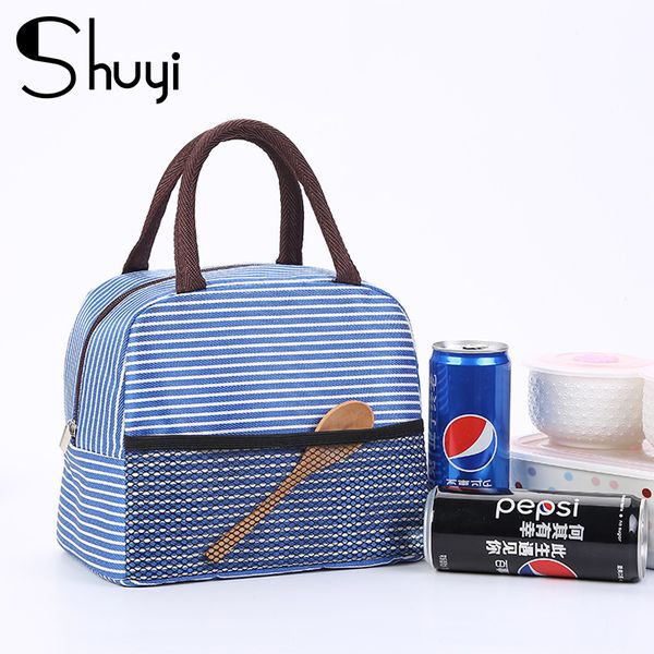 

large korean portable striped lunch bag student with lunch box bag insulated thickened aluminum film, Blue;pink