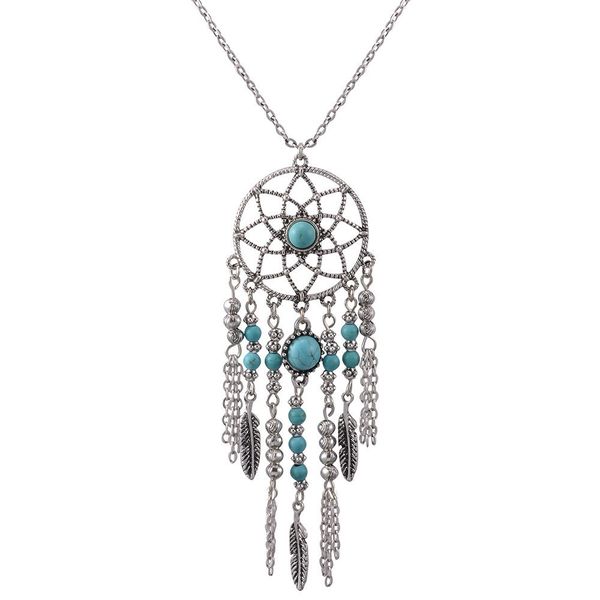 

collier femme feather dreamcatche pendant necklace bohemia vintage style long sweater chain turkish jewelry, Silver