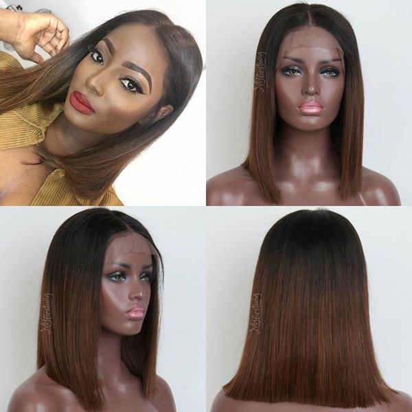 Full Front Lace Medium Human Hair Wigs Ombre Dark Brown Straight
