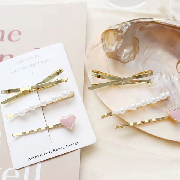 

3pcs/set woman metal bow heart hair clips drop oil imitation pearl love hairpins hair accessories romantic headdress barrettes, Golden;white