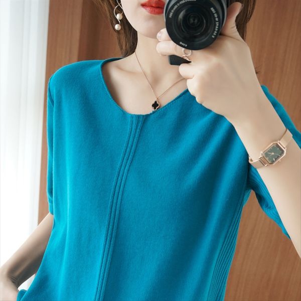 

summer 2020v-neck cotton and linen knitted short sleeve loose half t-shirt sleeve t-shirt women's casual thin, White