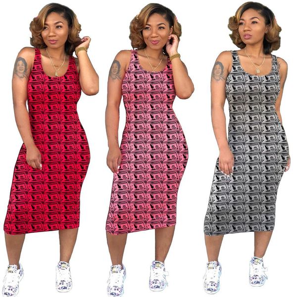 

Summer Scoop Neck Money Printed Mid Calf Bodycon Dresses Holiday Fashion Casual Skirt Night Party Clothing