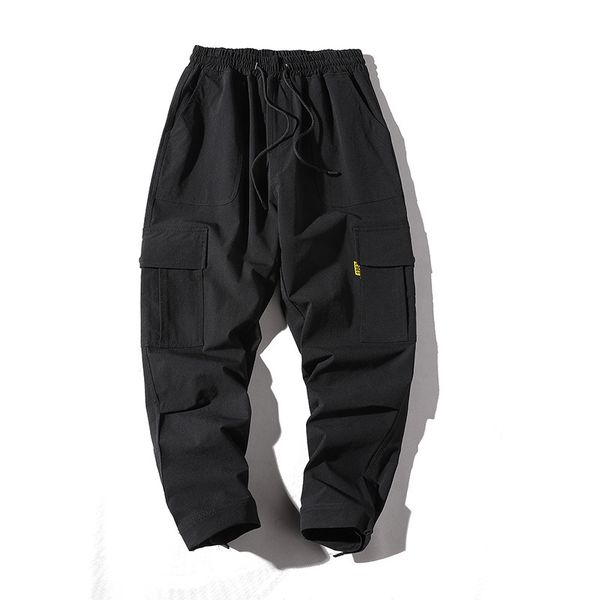 

multi pocket cargo pants men casual elastic waist sports pants fashion pure color large size loose leisure trousers 4 colors, Black