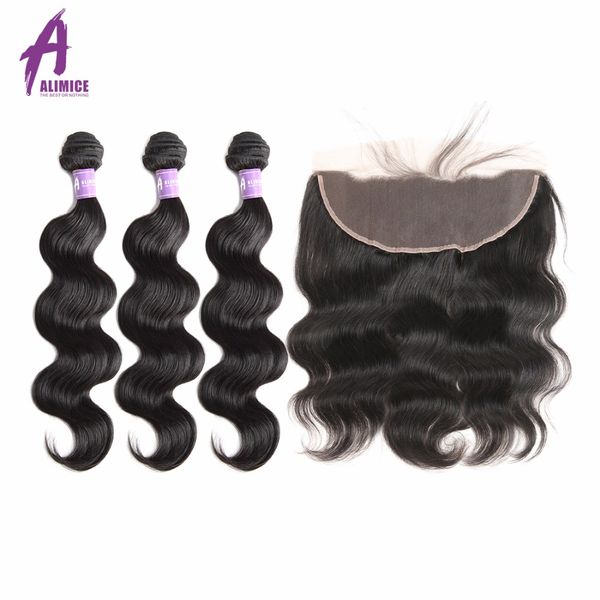 

peruvian body wave human hair weave 3 bundles hair weft with one lace frontal closure alimice non-remy weaving, Black;brown