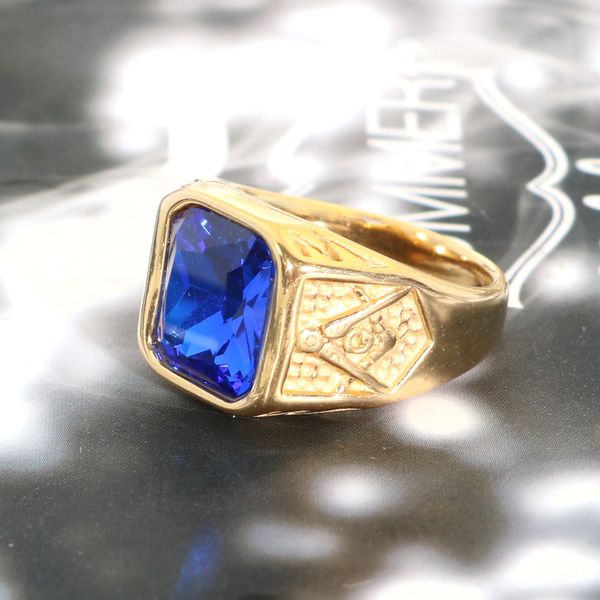 

big gem masonic ring gold stone rings vintage stainless steel rings ason rhinestone for mens women fashion blue stone jewelry, Silver