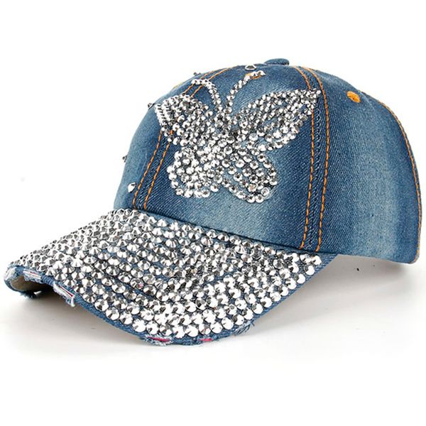 

2018 luxury 100% manual drill women's fashion caps diamond butterfly pattern girls summer denim baseball caps gifts, Blue;gray