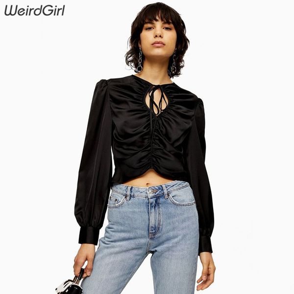 

weirdgirl women black retro slim t-shirts long sleeve hollow out basic harajuku tees female pleated ribbon 2020 shirts, White