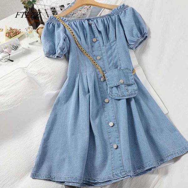 

ftlzz summer spring golden sling bag denim slash neck buttons single breasted women female mini dress, Black;gray