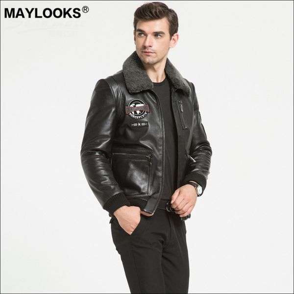 

maylooks 2019 new autumn and winter goats, cow stripe leather jackets, male leather, casual lamb collar ws128, Black