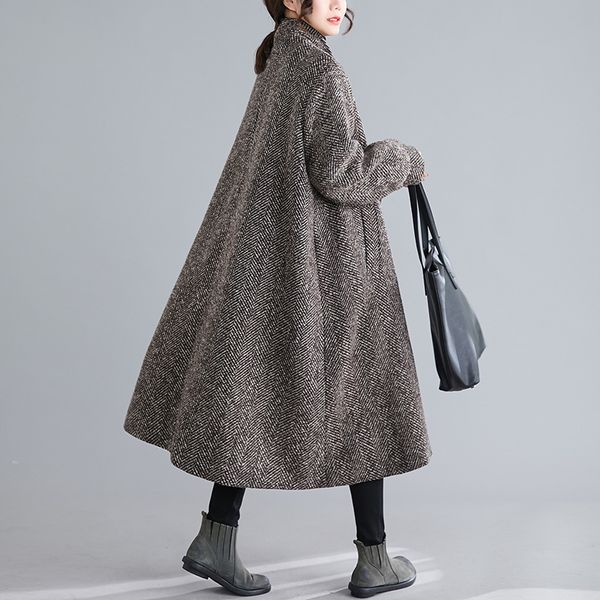 

johnature 2019 winter korean thicken warm plus size long wool coats new casual loose a-line lantern sleeve single button coats, Black
