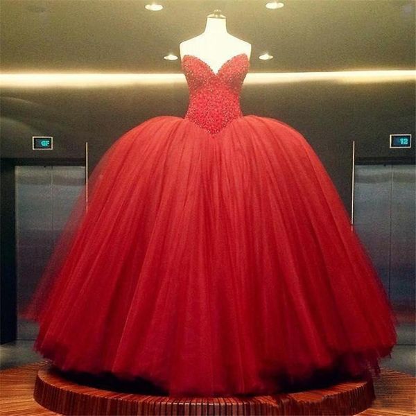 

Red Sweetheart Ball Gown Prom Dresses Top Beaded Tulle Evening Dress Custom Made Puffy Quinceanera Dresses Formal Party Dress