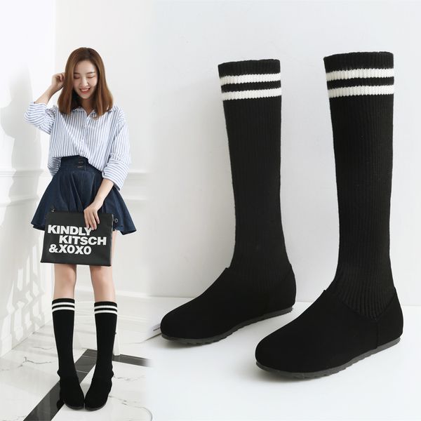 

striped stretch socks boots student winter botas flat heel knitted knee-high botines slim warm long tube bottes woman 34-43 cozy, Black