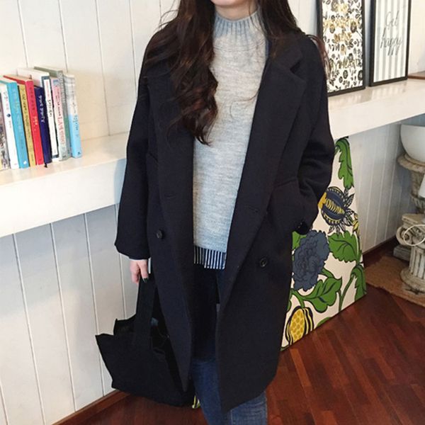 

women's wool blend coat long sleeve turn-down collar outwear jacket new winter elegant overcoat female wool double breasted coat, Black