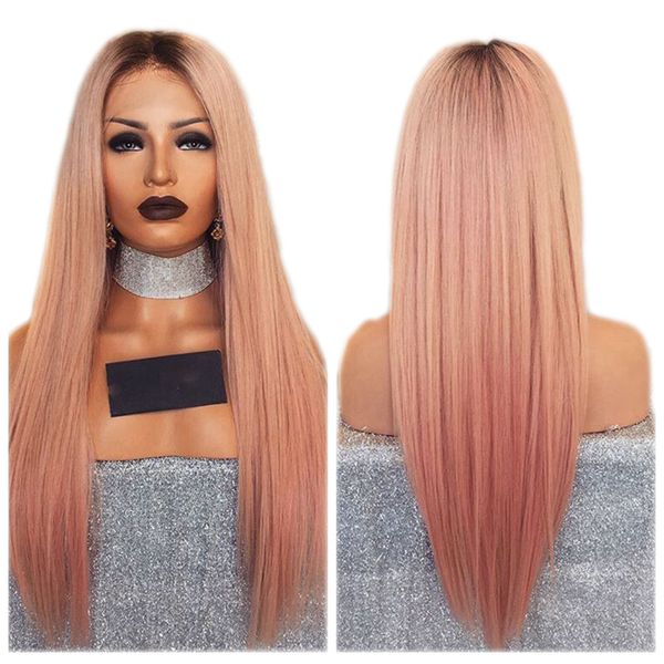 

two tones ombre pink silky straight long wigs heat resistant glueless synthetic lace front wigs for black women