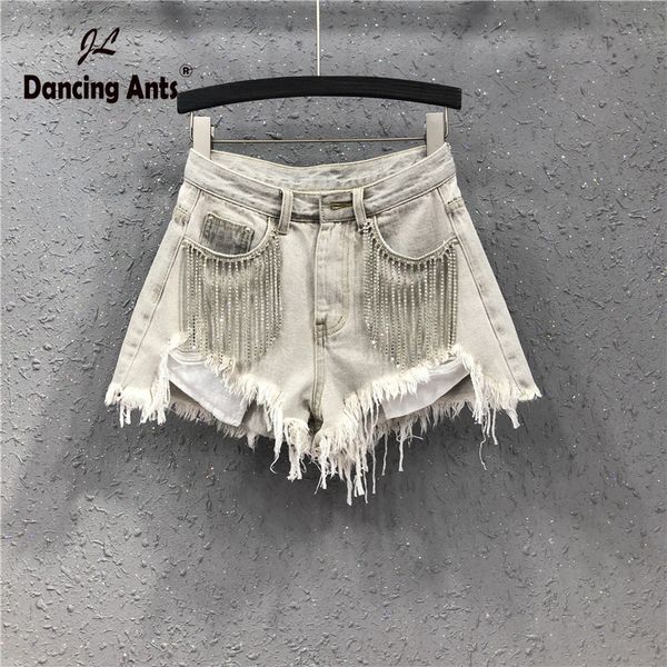 

woman shorts high waist loose denim shorts kpop streetwear diamond-chain tassel asymmetrical jeans short trousers 2020 summer, White;black