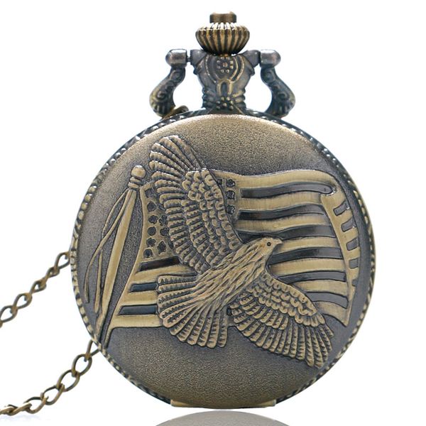 

vintage bronze american flag watch men's and women's american souvenir peace pigeon quartz pocket watch necklace, Slivery;golden