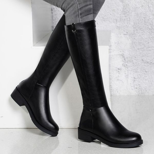 

boots 2019 brand new style women's long tube round toe zipper bare boots square heel long booties zapatos de mujer #30, Black