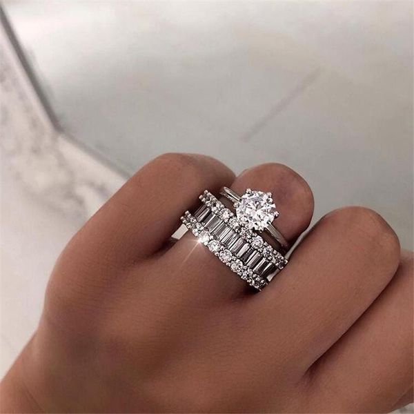 

уникальный 2pcs пара кольца классические ювелирные шесть коготь real 925 стерлингового серебра белый топаз stack cz алмазный женщин свадебны, Slivery;golden