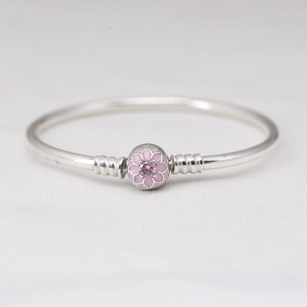 

925 sterling silver magnolia b charm clasp bangle & bracelets pale cerise enamel & pink cz fit lady beads pendants, Golden;silver