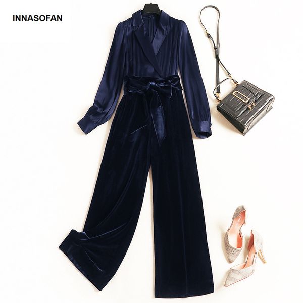 

innasofan velvet jumpsuit women spring autumn long-sleeve jumpsuit high waist euro-american chic solid color, Black;white