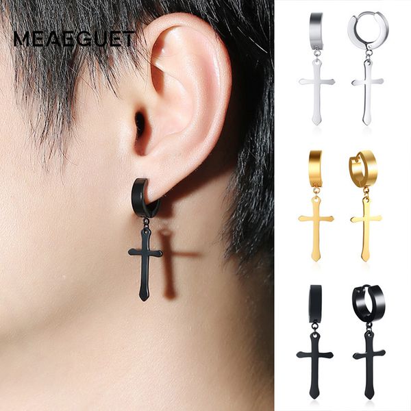 

meaeguet cross dangle earrings trending style round stainless steel drop earring for women men party ear enamel brinco jewelry, Silver