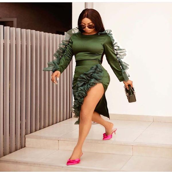 

african clothes 2019 new spring mesh ruffles dress women long sleeve o-neck pencil sheath bodycon dress bandage robe, Red
