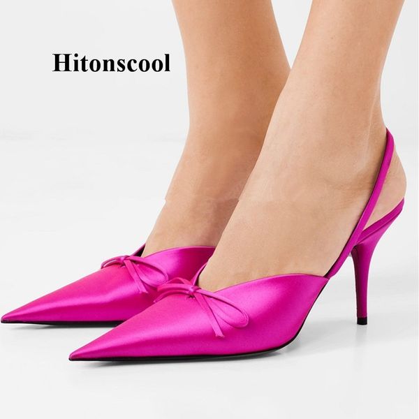 

women silk pumps women back strap slingbacks extreme pointed toe 8 cm heels mini bow-knot stilettos shoes, Black