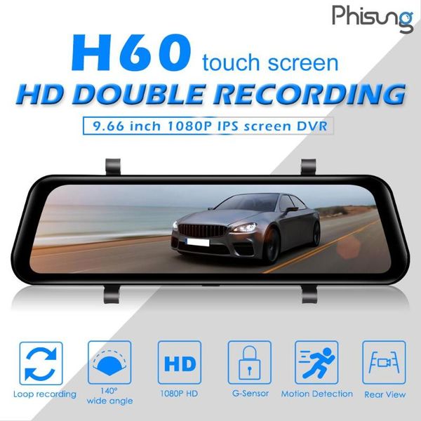 

phisung h60 1080p car dvr camera rearview mirror dashcam with rear view camera 9.66 inch ips screen g-sensor motion detection