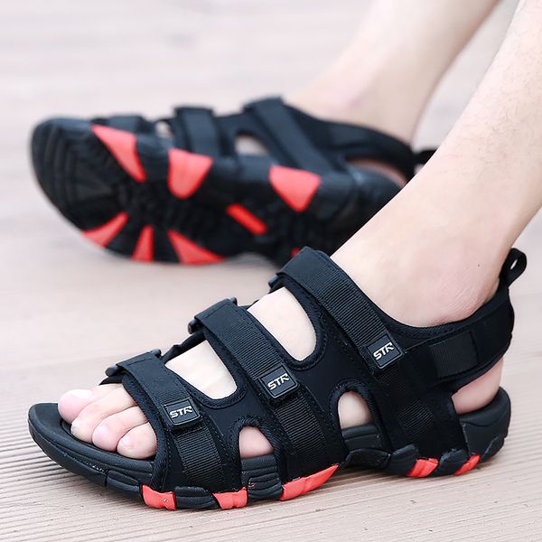 

goodrsson summer roman style pu men sandals for man waterproof beach casual shoes hook&loop anti-slip outside footwear scarpe, Black