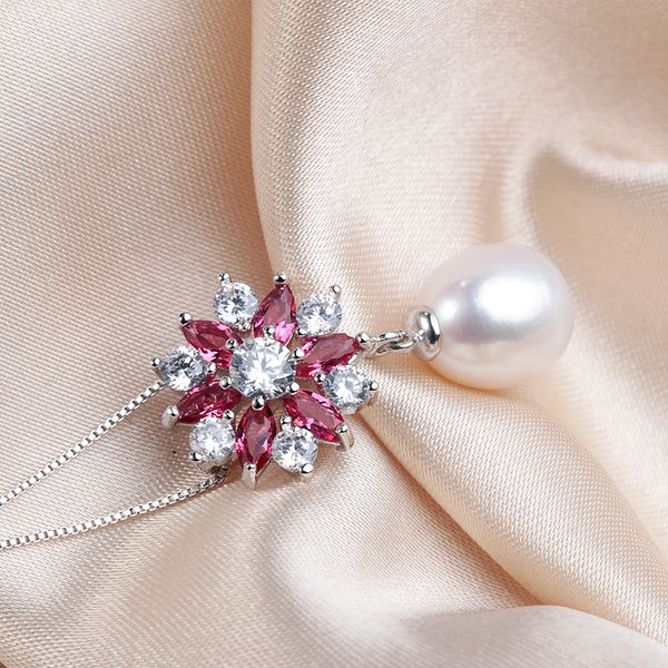 

fashion 100% natural freshwater pearl necklace for women high luster zircon flower pendant silver 925 jewelry with chain 45cm