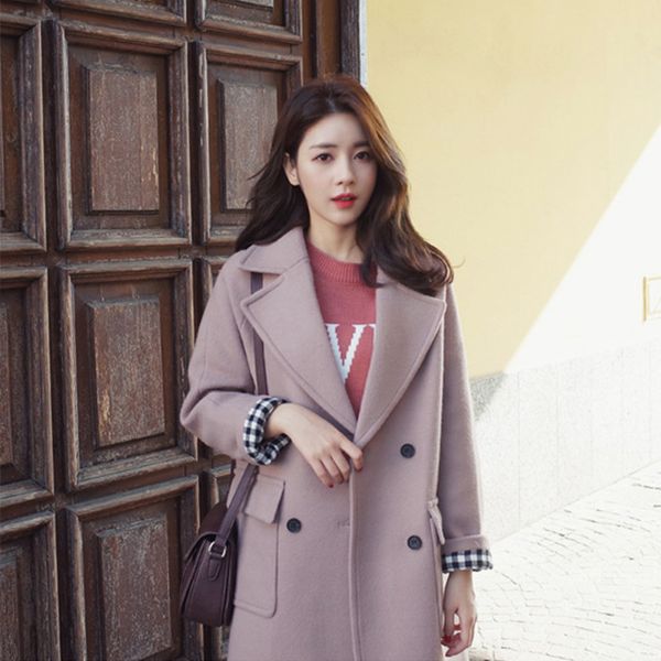 

preppy style long wool coat loose turn-down collar wool blend coat and jacket double breasted women coats autumn winter, Black