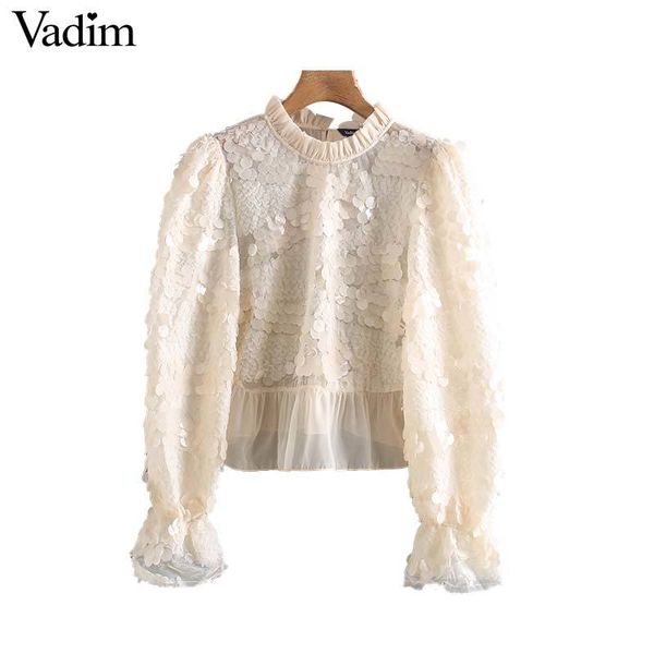 

vadim женщина шикарного пайетками топ урожая прозрачного длинный рукав колокол трепал воротник короткой блузу увидеть через случайный tops b, White