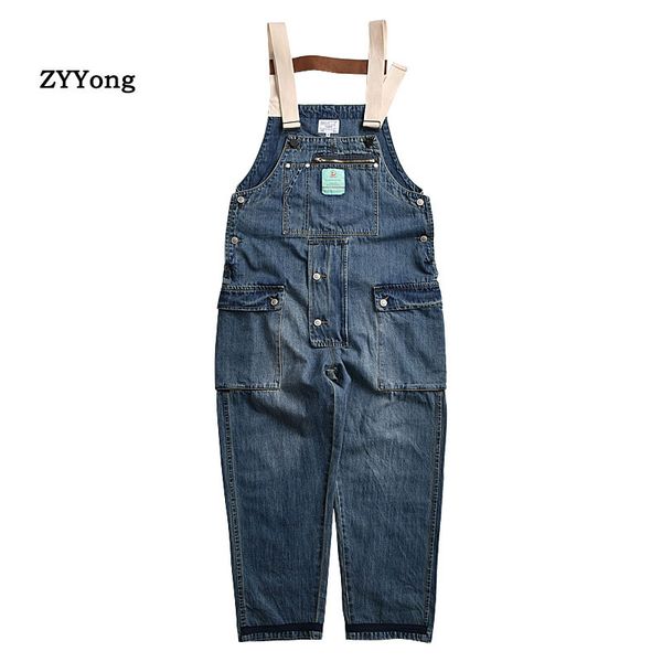 

men denim jumpsuit bib loose large size jeans vintage freight cargo pants overalls suspender leisure blue rompers trousers