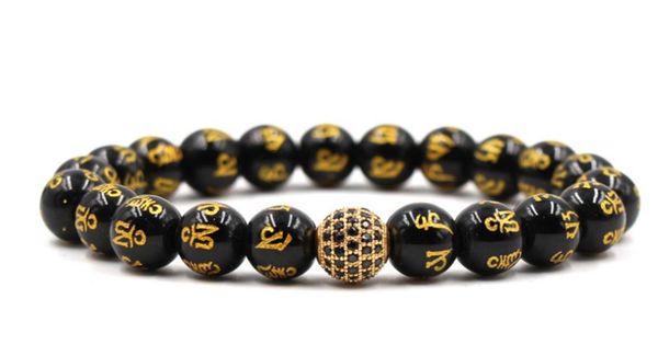 

10mm ih5 elastic adjusted nature six-word mantra bead micro pave cz zircon cubic zirconia ball bracelet, Black