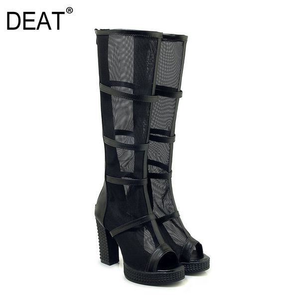 

deat] 2020 round toe zipper mesh single hollow out shoes women high heels long cool boots new autumn winter fashion tide 10f611, Black