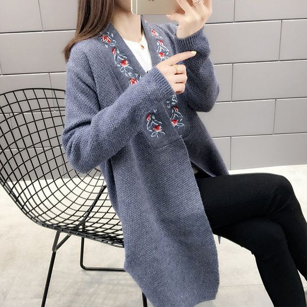 

women's knits & tees spring 2021 korean style loose autumn sweater knitted cardigan mid-length retro embroidered jacket kimono coat k32, White